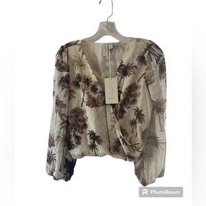 Joie New Palm Desert Cactus Print Faux Wrap Blouson Sleeve Blouse W/Smocked Back